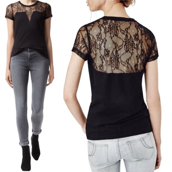 MAJE Paris Black Lace Inset Sheer Tee Shirt Top Short Sleeve Sexy 1 S Whimsigoth - Picture 2 of 12